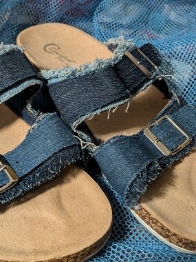 Denim Buckle Slide Sandals - Navy Blue